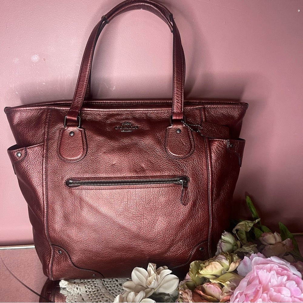 Coach Mickie metallic Burgundy Tote Bag with Classic Structured Design